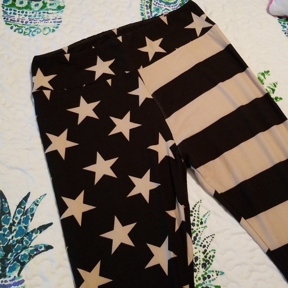 Lularoe Tall and Curvy Black and Tan Flag leggings